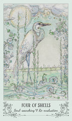 Illustration of a heron with shell-like patterns, surrounded by nature elements on a light blue background.