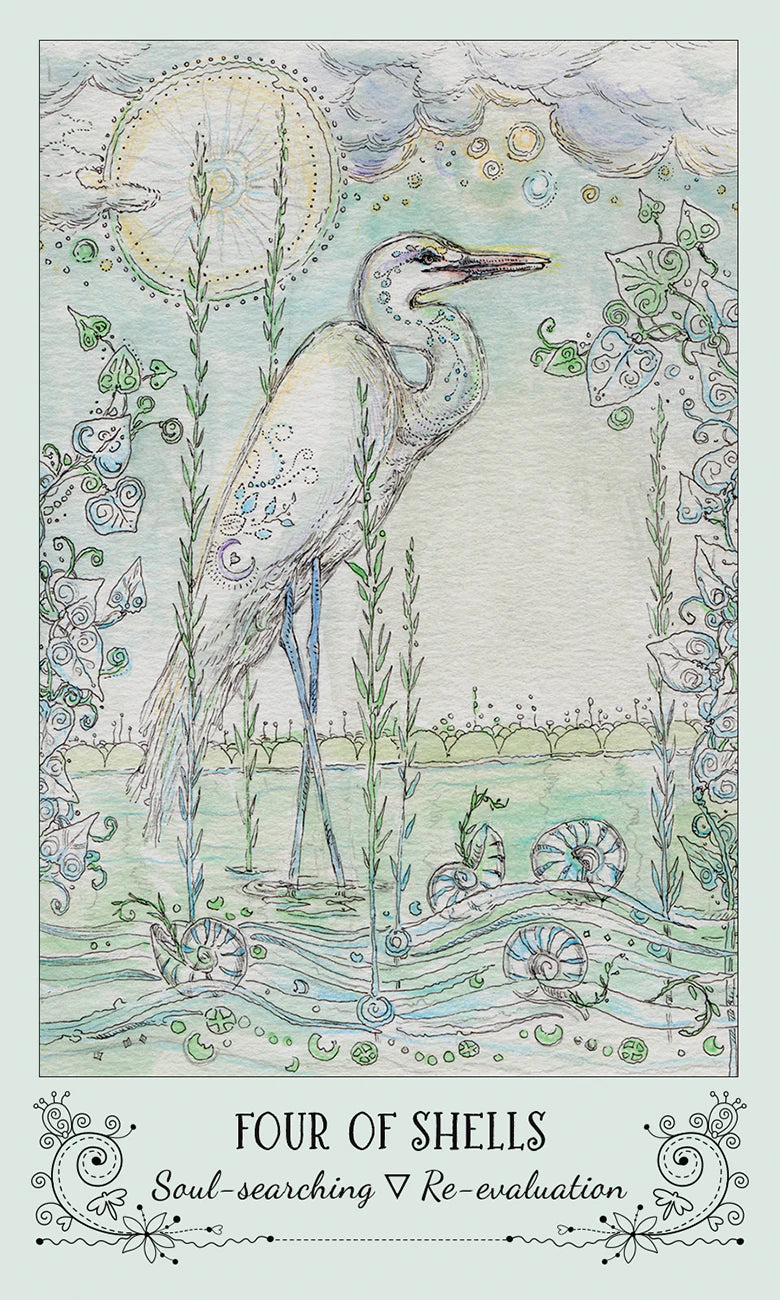 Illustration of a heron with shell-like patterns, surrounded by nature elements on a light blue background.