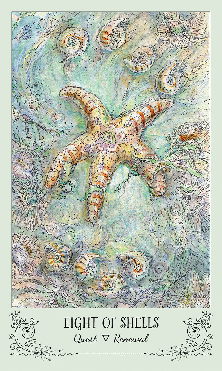 Artistic depiction of a starfish surrounded by shells with a mystical background.