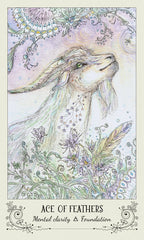 Illustration of a goat surrounded by flowers and feathers with text 'Ace of Feathers' at the bottom.