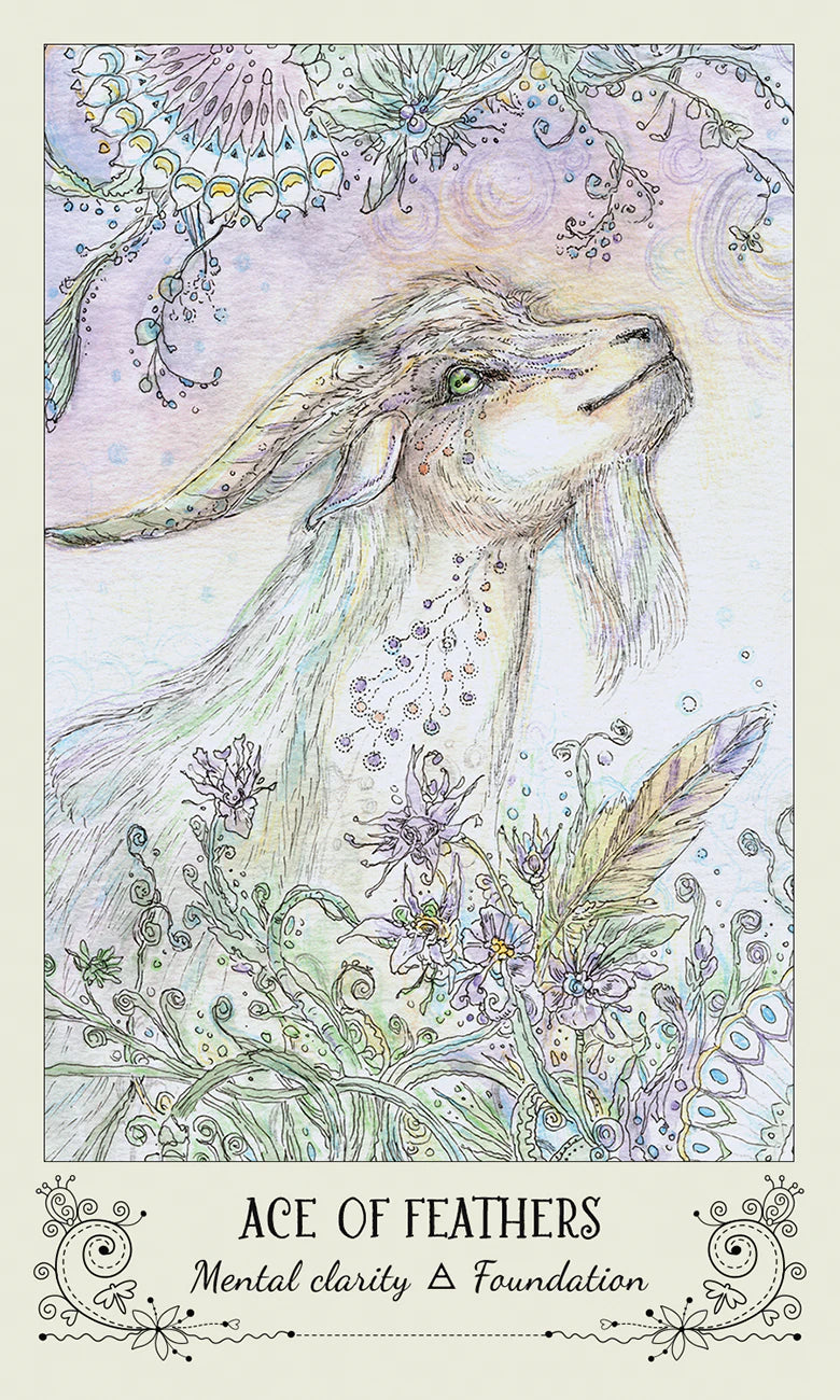 Illustration of a goat surrounded by flowers and feathers with text 'Ace of Feathers' at the bottom.