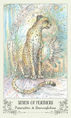Illustration of a cheetah surrounded by feathers and celestial elements with text 'Seven of Feathers'.
