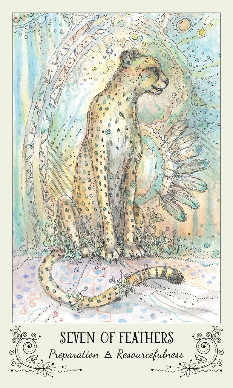 Illustration of a cheetah surrounded by feathers and celestial elements with text 'Seven of Feathers'.