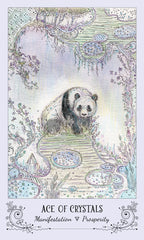 Illustration of a panda bear with 'Ace of Crystals' text and symbols on a decorative background