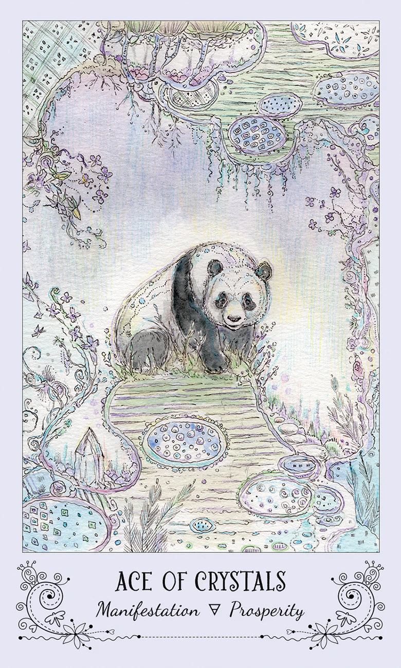 Illustration of a panda bear with 'Ace of Crystals' text and symbols on a decorative background