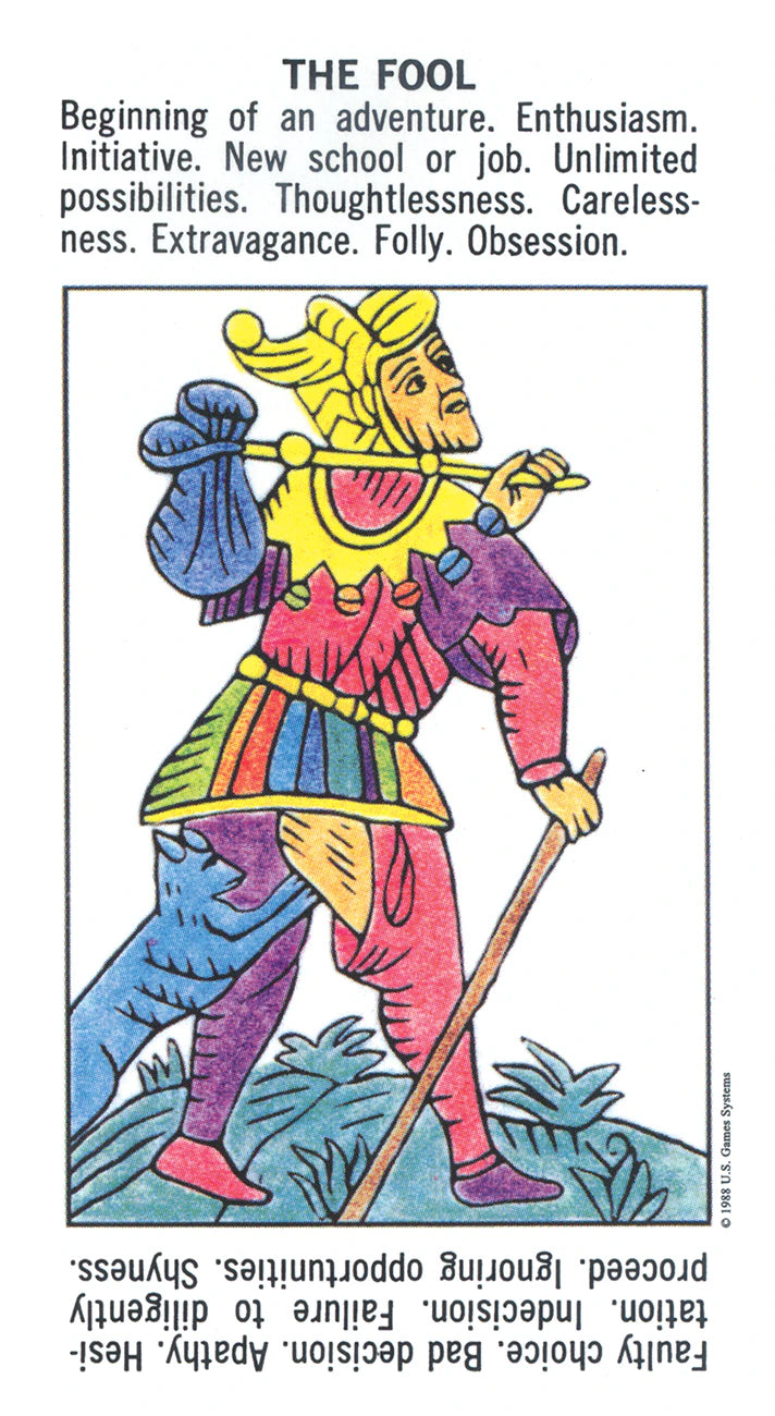 Card from a tarot deck featuring the Fool with colorful attire and attributes listed above.