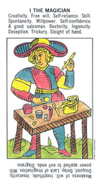 Card from a tarot deck featuring the 'The Magician' card with colorful illustration and text.