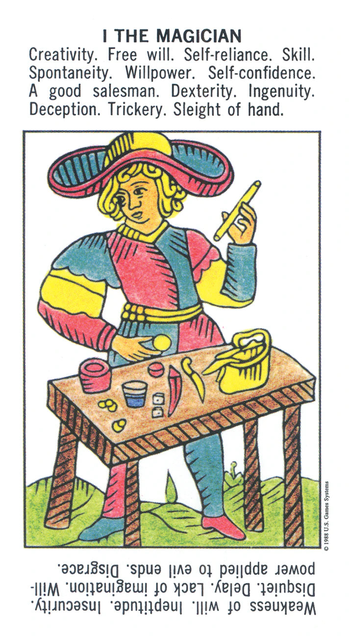 Card from a tarot deck featuring the 'The Magician' card with colorful illustration and text.