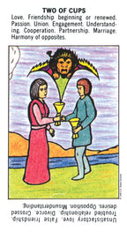 Tarot card titled 'Two of Cups' with two people holding cups against a colorful background.