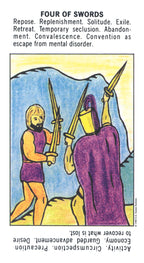 Card from a tarot deck showing two figures with swords, labeled 'Four of Swords'.