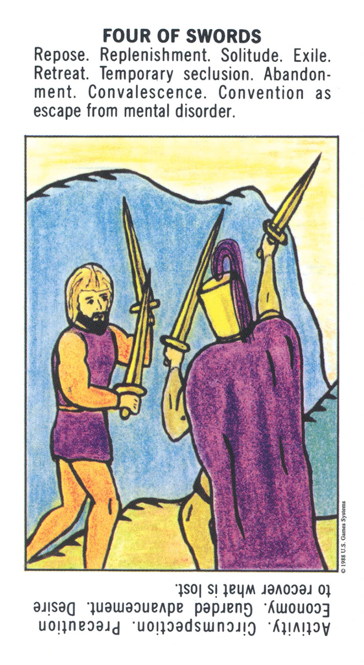 Card from a tarot deck showing two figures with swords, labeled 'Four of Swords'.