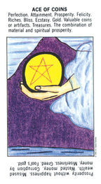 Card from a tarot deck showing a hand holding a yellow pentacle symbol against a purple and blue gradient background.