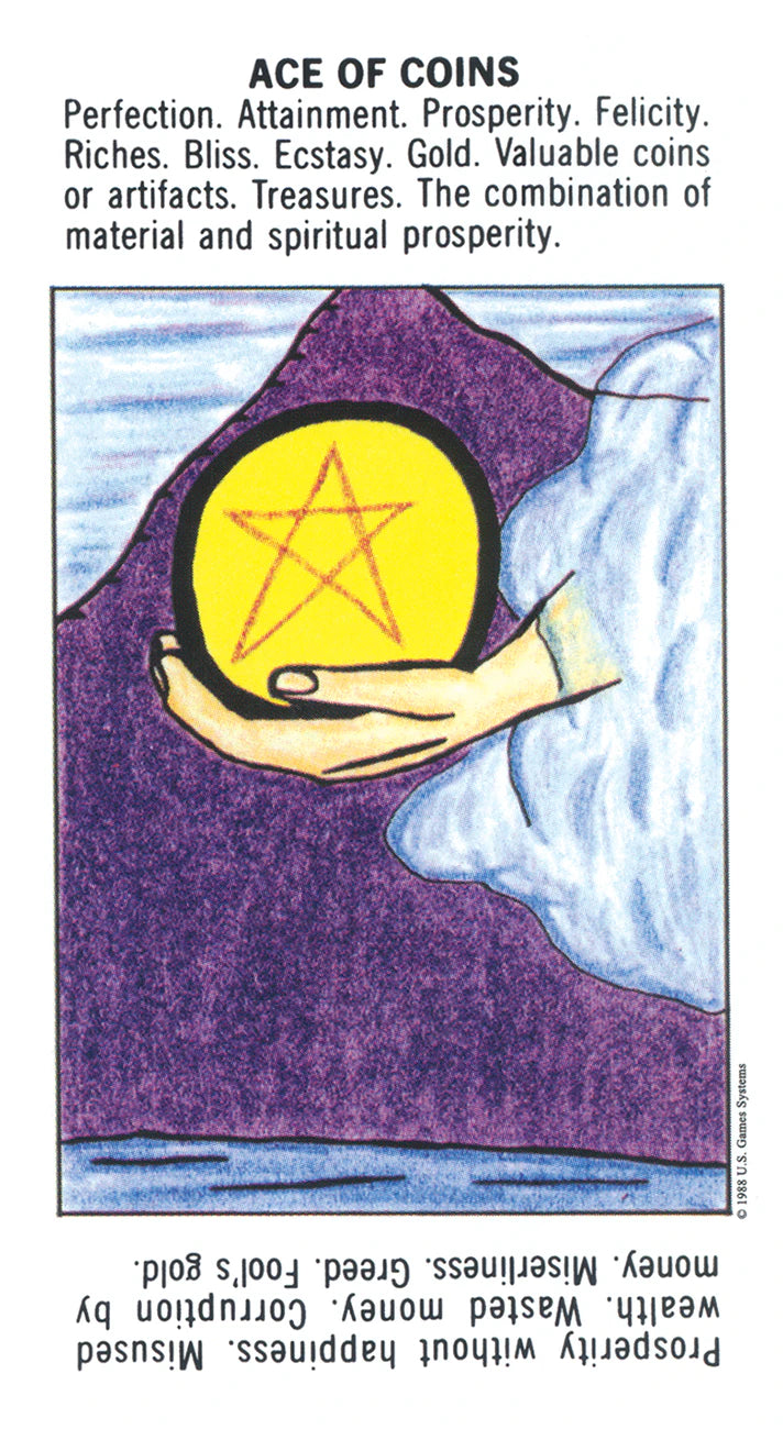 Card from a tarot deck showing a hand holding a yellow pentacle symbol against a purple and blue gradient background.