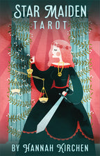 Book cover of 'Star Maiden Tarot' by Hannah Kirchen featuring a woman with red hair and a sword.
