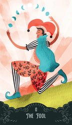 Illustration of 'The Fool' tarot card with a character in a blue dress and red hat on a colorful background.