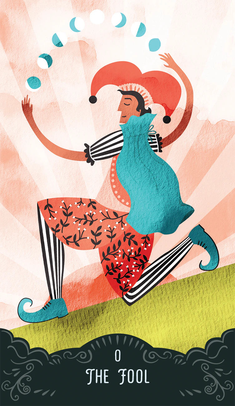 Illustration of 'The Fool' tarot card with a character in a blue dress and red hat on a colorful background.