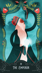 Illustration of 'The Emperor' tarot card with stylized design elements.