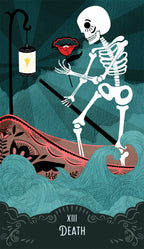 Skeletal figure holding a red rose with a lantern, on a dark background with wavy patterns.