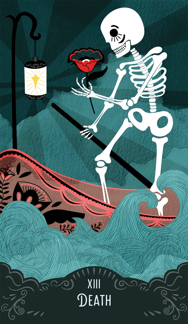 Skeletal figure holding a red rose with a lantern, on a dark background with wavy patterns.