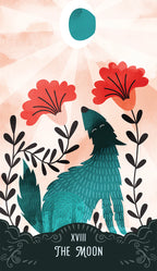 Illustration of a wolf surrounded by flowers with 'The Moon' tarot card text.