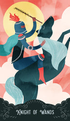 Illustration of a tarot card titled 'Knight of Wands' with a person holding a staff against a colorful background.