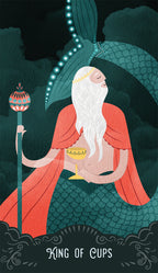 Illustration of a king in a red robe holding a staff with a cup, set against a dark background.