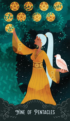 Card featuring a woman in a yellow dress with a white bird, surrounded by pentacle symbols against a starry night sky.
