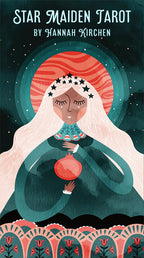 Cover of 'Star Maiden Tarot' by Hannah Kirchen featuring a stylized illustration of a woman with stars in her hair holding a pomegranate.