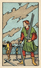 Vintage tarot card with a figure holding swords and another person in the background.