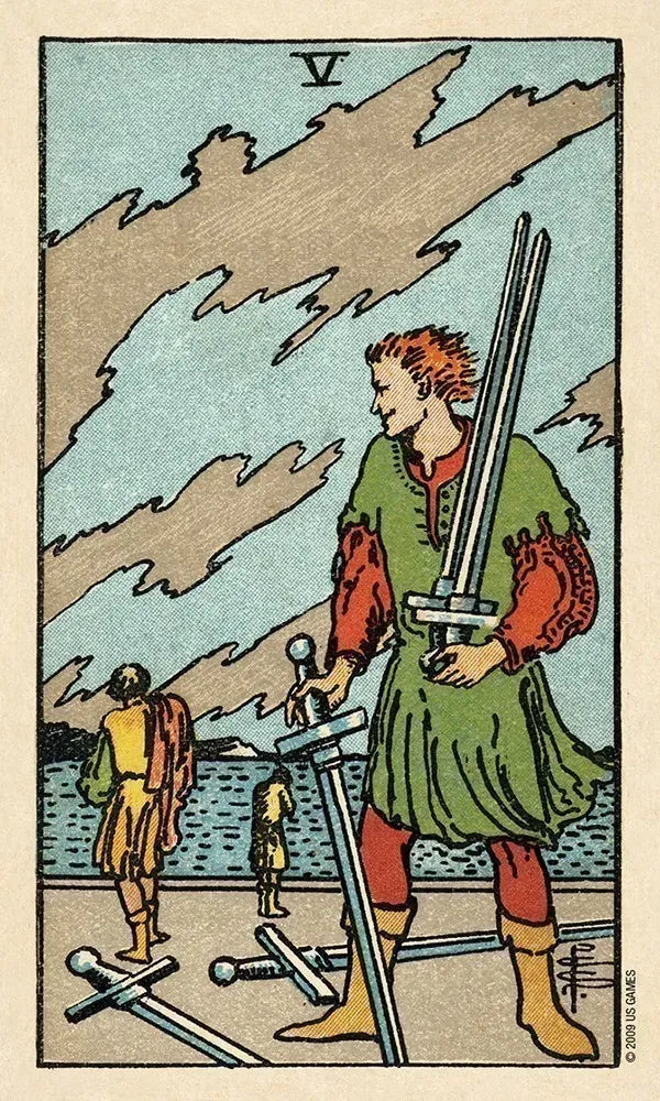 Vintage tarot card with a figure holding swords and another person in the background.