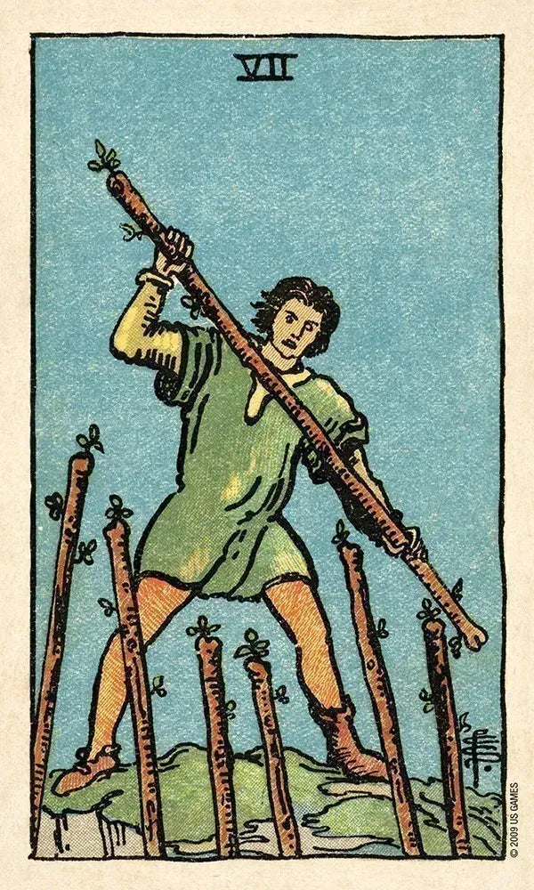 Tarot card with a figure holding a long stick among upright sticks on a blue background