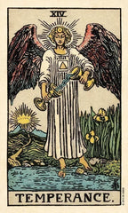 Tarot card featuring an angel with wings holding scales, labeled 'Temperance'.