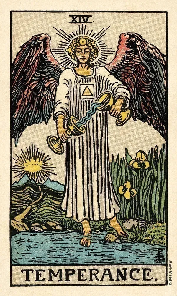 Tarot card featuring an angel with wings holding scales, labeled 'Temperance'.