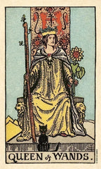 Vintage-style card featuring the 'Queen of Wands' from a tarot deck, with a woman in a yellow dress holding a wand.