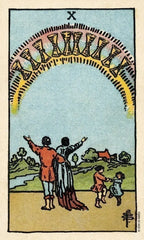 Vintage tarot card with two people and children under an arch of hourglasses.