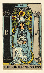 Tarot card featuring 'The High Priestess' with a woman in robes and a cat, surrounded by nature elements.