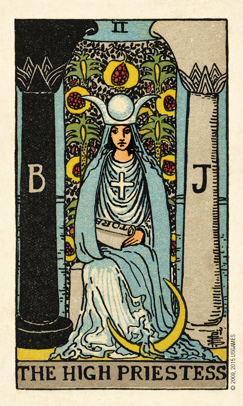 Tarot card featuring 'The High Priestess' with a woman in robes and a cat, surrounded by nature elements.