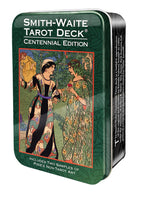 Smith-Waite Tarot Deck Centennial Edition packaging with two illustrated figures on a green background.