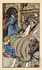 Vintage illustration of a woman in a floral dress sitting with children in a room with decorative elements.