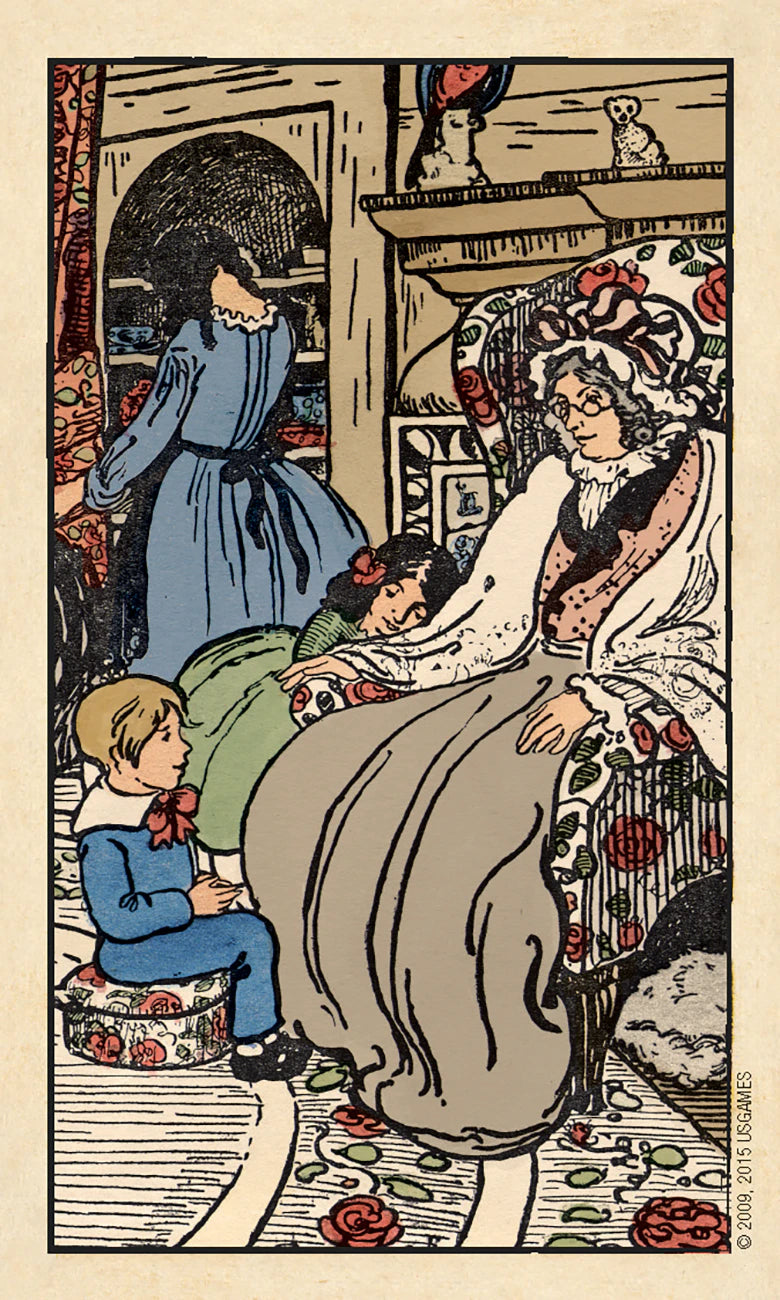 Vintage illustration of a woman in a floral dress sitting with children in a room with decorative elements.