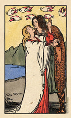 Illustration of two figures embracing with a scenic background