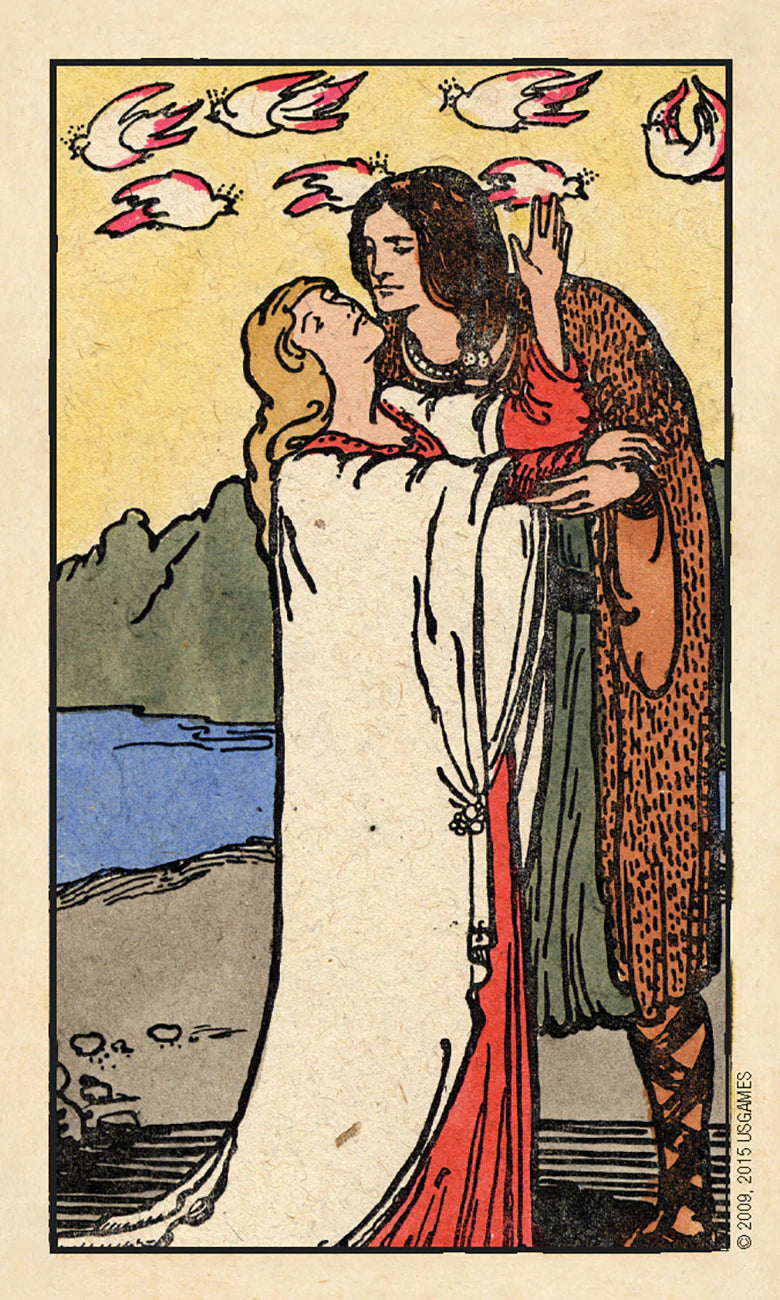 Illustration of two figures embracing with a scenic background