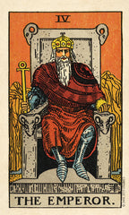 Tarot card featuring 'The Emperor' with a robed figure on a throne.
