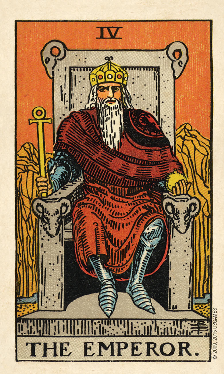 Tarot card featuring 'The Emperor' with a robed figure on a throne.