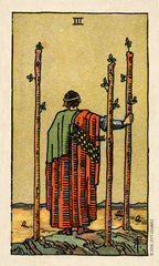 Vintage tarot card with a figure holding two tall sticks against a beige background