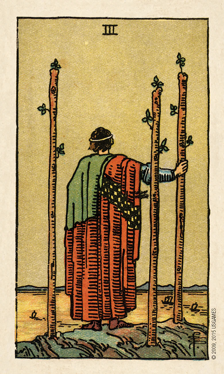 Vintage tarot card with a figure holding two tall sticks against a beige background