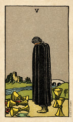 Vintage tarot card with a cloaked figure and twourns, labeled 'V'.