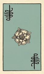 Card with a floral design and symbols on a light blue background