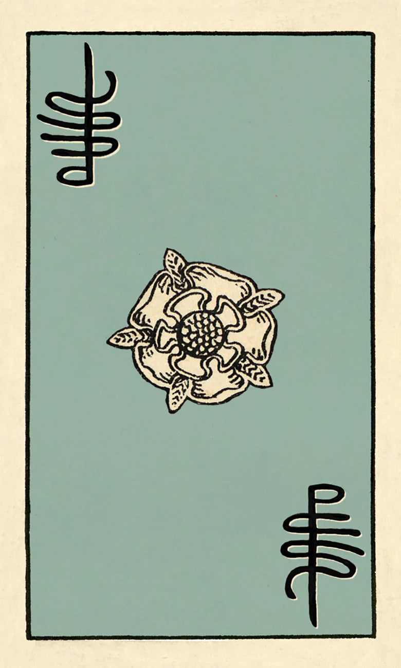 Card with a floral design and symbols on a light blue background