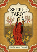 Front cover of the Seljuq Tarot deck by Parastoo Pakzad, featuring an illustrated woman in a red patterned robe holding a bird, surrounded by desert landscapes and geometric stars, with the title 'SELJUQ TAROT' at the top.